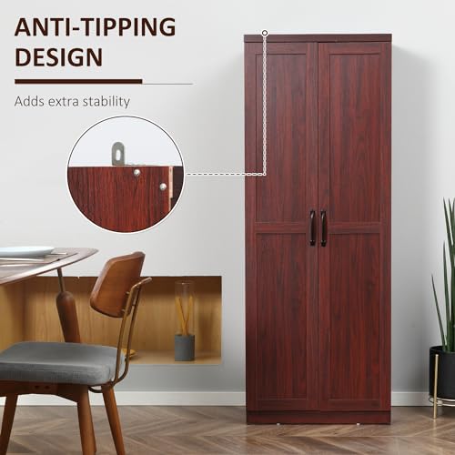 HOMCOM 63" 2-Door Kitchen Pantry, Freestanding Storage Cabinet with 5-tier Shelving and 2 Adjustable Shelves for Dining Room, Cherry Wood Color HOMCOM