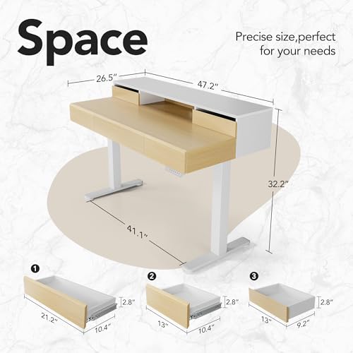 HUANUO Standing Desk with Drawers, 48 Inches Electric Height Adjustable Desk with Storage, Whole-Piece Board Sit Stand Up Desk with Monitor Shelf, Light Walnut HUANUO