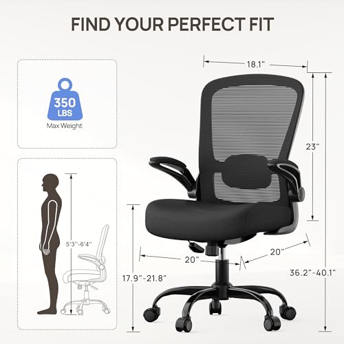 Mimoglad Ergonomic Office Chair - BIFMA Certified, Flip-up Armrests & 135° Recline, Adjustable Lumbar Support - Space-Saving Task Chair for Business/Team Office & Home (Black, 350lbs) Mimoglad
