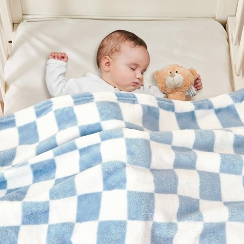 Yurhap Checkered Baby Blanket Fleece Baby Blankets for Boys, Ultra Soft Cozy Fluffy Infant Toddler Newborn Receiving Blankets for Crib Stroller, 30''x40'', Blue Yurhap