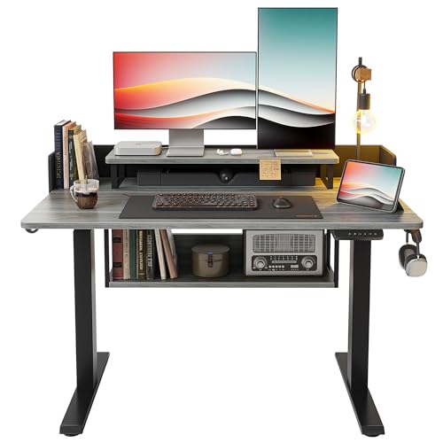 FEZIBO 48" Electric Standing Desk with Shelves, 48 x 24 Inch Sit Stand Rising Desk with Monitor Stand and Storage, Ergonomic Home Office Computer Desk, Rustic FEZIBO