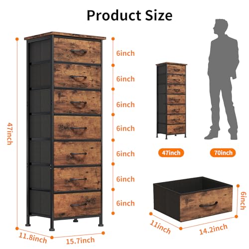 Fixwal Tall Dresser for Bedroom, Storage Dresser Organizer with 7 Fabric Drawers, Nightstand Furniture in Closet, Entryway, Hallway, Rustic Brown Wood Grain Print Fixwal