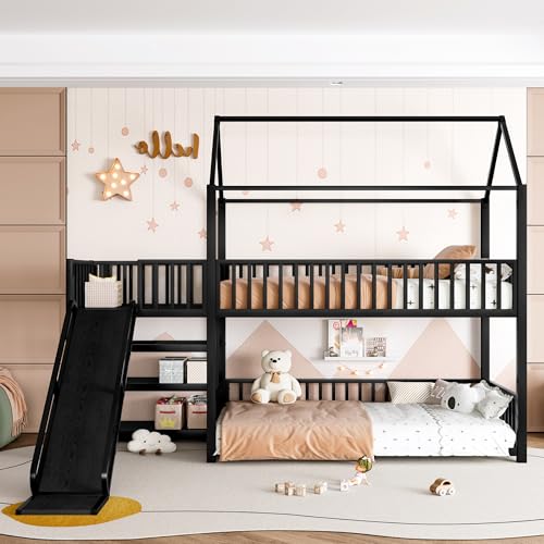 Bellemave Twin Over Twin Bunk Bed with Slide, Kids House Floor Bunk Bed with Storage Stairs and Full Length Guardrail, Heavy Duty Bunk Beds for Girls, Boys, Black Bellemave