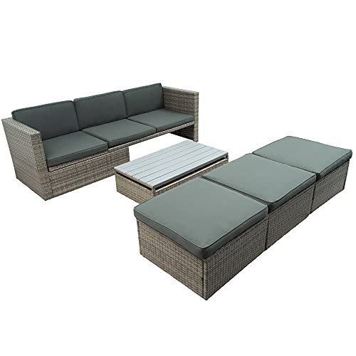 Goohome 5 Pieces Outdoor Patio Sectional Sofa Couch, PE Wicker Furniture Conversation Sets with Adustable Backrest & Washable Cushions & Ottomans & Glass Coffee Table for Garden, Poolside, Backyard Goohome