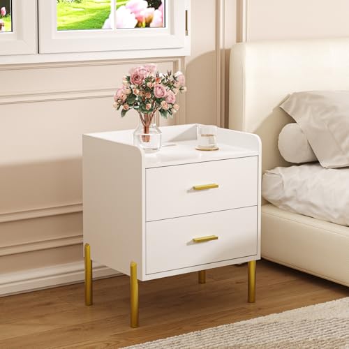Vabches Nightstand with Built-in Charging Station, White Mid Century Modern Nightstand for Bedroom, Stylish End Tables for Lamps, Books Vabches