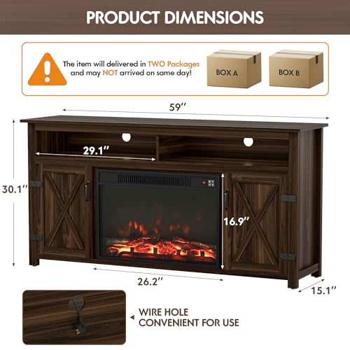 YESHOMY Fireplace TV Stand for Television up to 65+ Inch with Storage and Farmhouse Barn Doors, Entertainment Center with Cabinet and Shelves, Media Console for Living Room, Walnut YESHOMY