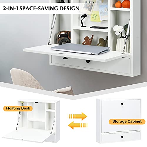 COSTWAY Wall-mounted Computer Desk, Floating Desk with Storage Drawer & Shelves, Fold-up Desktop & Pneumatic Springs, Ideal for Home, Office, Dormitory, Small Spaces (White) COSTWAY