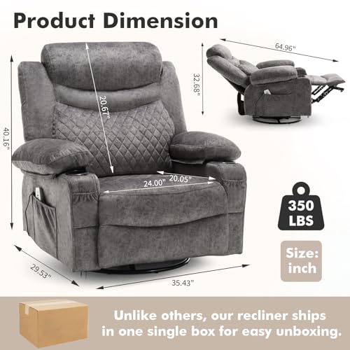 linting Oversized Power Swivel Rocker Recliner Chair with Cup Holder, Fabric Electric Rocking Glider Chair Power Recliner Chair with Heat and Massage USB Port, Grey