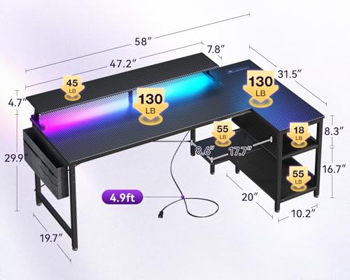ODK 58 Inch Gaming Desk with USB Charging Ports and LED Lights, Reversible L Shaped Computer Desk with Storage Shelves & Monitor Stand, Corner Gamer Desk Table with Power Outlets, Black ODK