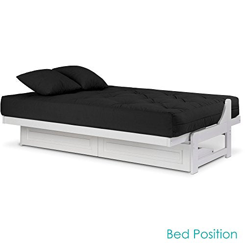 Nirvana Futons Arden White Futon with Storage Drawers Full or Queen Size - Space Saving Armless Design with Comfortable Mattress (Twill Black), Sofa Bed Available in Nirvana Futons