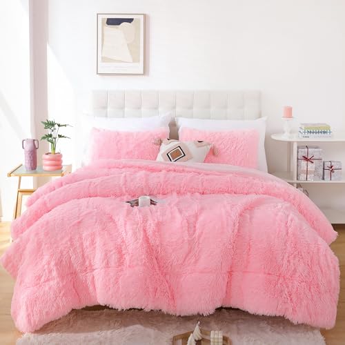 Smoofy Fluffy Full Size Comforter Set, Faux Fur Pink Comforter Set, Luxury Fuzzy Bedding Set, Soft Shaggy Full Bed Set for All Season, 3 Pieces - 1 Comforter & 2 Pillowcases Smoofy
