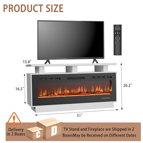 Fireplace TV Stand with 50" Smart Electric Fireplace, Modern Wood Entertainment Center with Mantel&Built-in Power Outlets, Fireplace Cabinet for Living Room (White, 50“ WiFi) HOMTHING