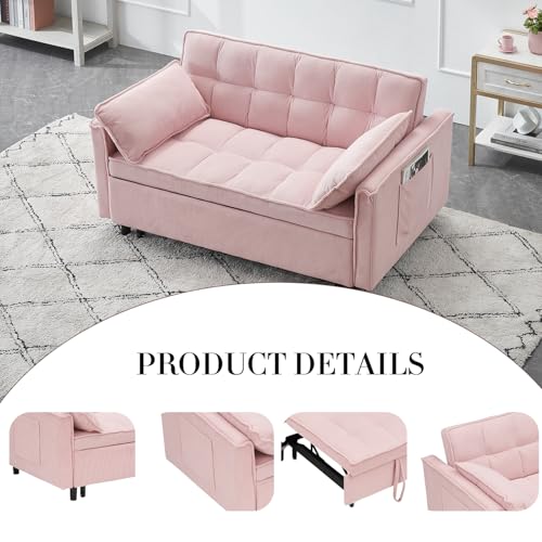 3 in 1 Corduroy Convertible Sofa Bed, Pull Out Couch Bed with Reclining Backrest and 2 Pillows, 54" Full Size Loveseat Sleeper Sofa Futon Couch Beds, Couches for Small Spaces, Living Room (Pink) Majnesvon