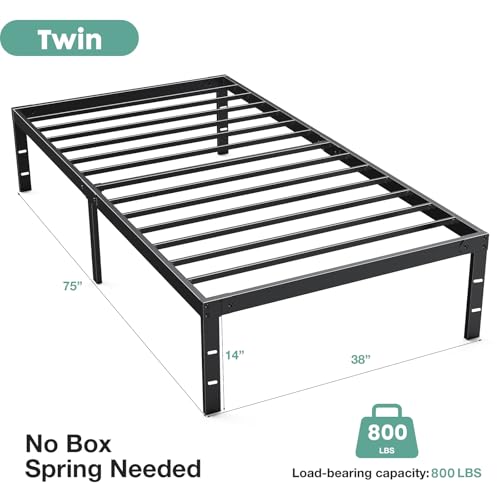 Sweetcrispy Twin Bed Frame - Heavy Duty Metal Platform Bed Frames Twin Size with Storage Space Under Frame, No Box Spring Needed, 14 Inches, Sturdy Steel Slat Support Sweetcrispy