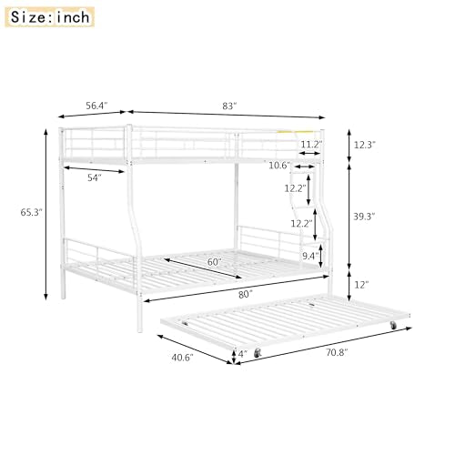 Bellemave Full XL Over Queen Metal Bunk Bed with Trundle, Bunk Bed Frame with Ladder and Safety Rails for Kids Triple Metal Bunk Can be Divided into Two beds, White Bellemave