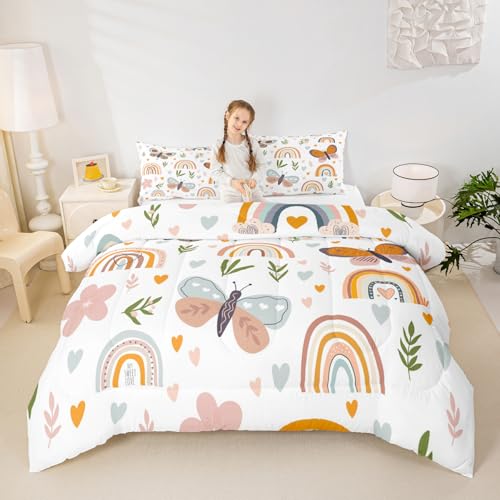 Homewish Boho Rainbow Comforter Set Twin Size Cute Butterfly Bedding Set 2pcs for Kids Girls Boys Adult Room Decor Cartoon Love Heart Palm Leaves Quilt Set Animals Botanical Duvet Insert,1 Pillowcase Homewish