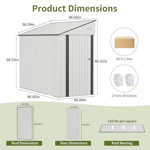 Lyngins 4x8 Lean to Metal Shed - White, Heavy-Duty Outdoor Storage for Bikes, Tools, Lawn Mowers & Firewood, Rust-Resistant Wall Side Design Sheds with Lockable Door, Waterproof Coating & Sloped Roof Lyngins