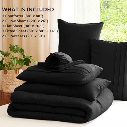 CozyLux Queen Comforter Set Black, 7 Pieces Soft Pinch Pleat Bed in a Bag Queen Comforter Set with Sheets, Boho Bed Set with Down Alternative Comforter, Sheets, Pillowcases & Shams CozyLux