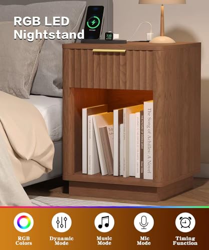 Akxomel Fluted Nightstand, Wooden Night Stand with Charging Station and LED Light, Modern Mid Century End Table with Drawer, 15" D x 15.7" W x 22.6" H, for Bedroom, Walnut Akxomel