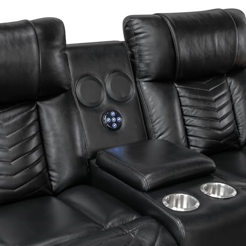 Lexicon Wall Hugger Power Double Reclining Loveseat with Console, Faux Leather Home Theater Seating with LED Lighting, Charging Ports, Bluetooth Speaker Wireless, Cup Holders, Hidden Storage, Black Lexicon
