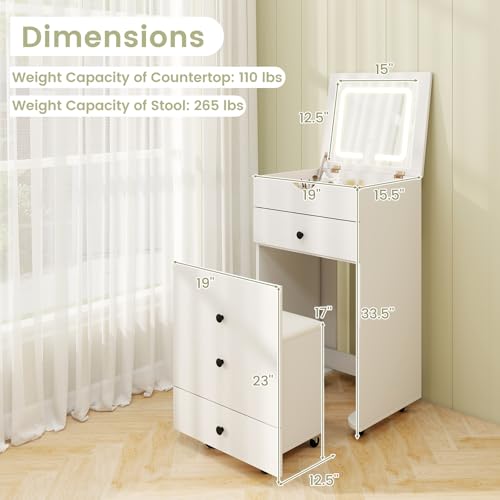 CHARMAID Small Vanity Desk Set, Makeup Vanity Table with Flip-up Lighted Mirror, Storage Bench, 2 Drawers, 8 Wheels, White Girls Dressing Table Nightstand for Small Space Bedroom CHARMAID