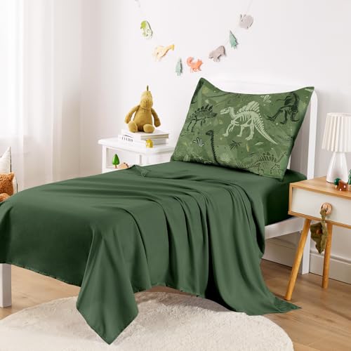 Wake In Cloud - Dinosaur Toddler Bedding Set for Boys, Colorful Dino Prehistoric Fossil, 4 Pieces Soft Crib Bed Set Including Comforter, Sheets and Pillowcase, Army Green Wake In Cloud