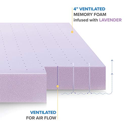 Mellow 4 Inch Ventilated Memory Foam Mattress Topper, Soothing Lavender Infusion, CertiPUR-US Certified, Queen Mellow