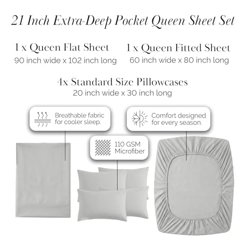 Southshore Fine Living, Inc. 21-Inch Extra Deep Pocket Queen Sheet Set 6 Piece for Tall Mattress, Pet Hair Resistant Bedding, Microfiber Queen Size Sheets, Breathable Easy Care, Light Grey Sheets Southshore Fine Living, Inc.