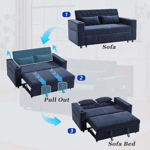 Merax 3 in 1 Convertible Sleeper Sofa Bed with Storage, Futon Couches for Living Room with USB Ports | CupHolder| Reversible Backrest | Pull Out Couch |Small Loveseat,Blue Merax