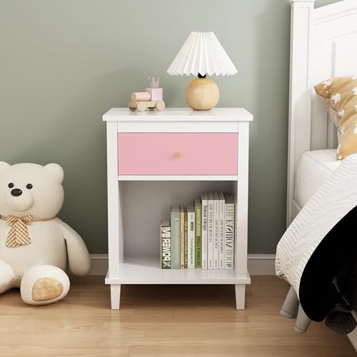 AOPNOMU Modern Nightstand, Kids Nightstand with One Drawer, End Table for Boys and Girls, Toddler Nightstand for Living Room, Bedroom (Pink) AOPNOMU