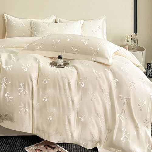 Nayoroom Bow Duvet Cover Queen Size Cooling Duvet Cover for Hot Sleepers 3 Pieces Elegant Cream White Satin Jacquard Breathable Bedding Set with Zipper Closure, Girls Dorm Bedding Nayoroom