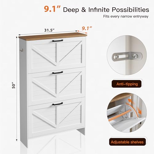 Nicetree Shaker Barn Door Shoe Cabinet, 3 Flip Drawers & 3Tier Adjustable Shelves, Ultra Slim Freestanding, Modern Rustic Brushed White Farmhouse Shoe Rack for Entryway, Hallway, Foyer & Mudroom White Nicetree