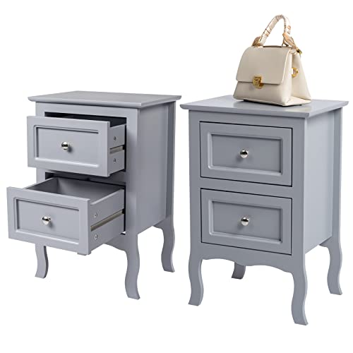 Karl home Grey Nightstand Set of 2 for Bedroom, Vintage Small Night Stand with Drawers, Farmhouse Side Table, Wooden End Tables with Curved Legs for Office, Mid-Century Karl home