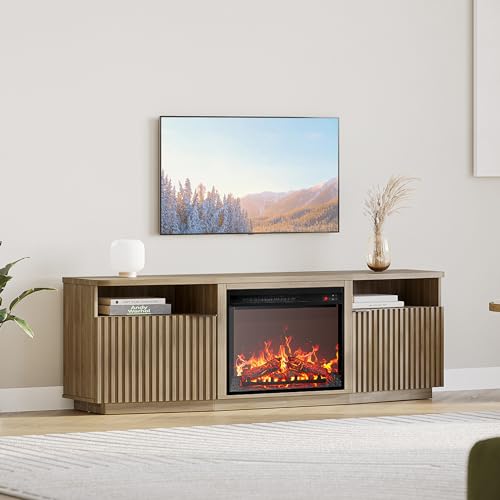 BELLEZE Fluted TV Stand with 23" Electric Fireplace Heater with Sound, 68" Entertainment Center for TV Up to 75", Media Console Table with Cable Management for Living Room, Bedroom - Camel BELLEZE
