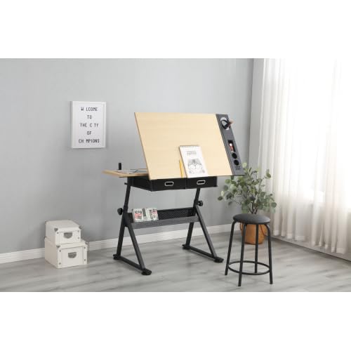 Kelligo Adjustable Drafting Table, Adjustable Drawing Drafting Table Desk with 2 Drawers for Home Office and School with Stool (White Oak) Kelligo