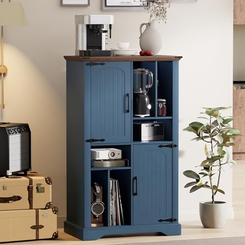 Maupvit Large Record Player Stand, 47" Farmhouse Navy Blue Vinyl Record Storage Cabinet with Barn Doors, Mid-Century Freestanding Rustic Wood Turntable Stand Maupvit