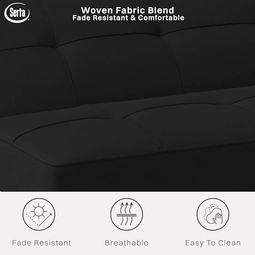 Serta® Rane Futon Sofa Bed 66.1", 3-in-1 Convertible Couch Sleeper for Small Spaces, Tufted Back, Twin Size Guest Bed, Black Woven Fabric Serta