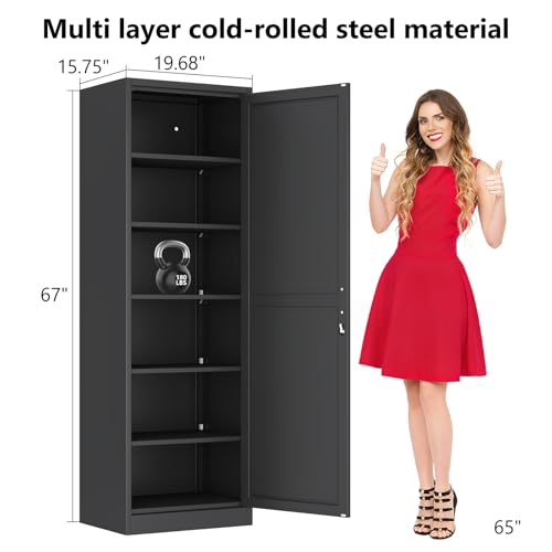 Lusiwry Tall Narrow Slim Metal Storage Cabinet with Lock and 5 Adjustable Shelves,Steel File Cabinets,Kitchen Pantry Cabinet Locker Organizer - 67" Storage Cabinets for Bathroom,Bedroom,Office,Black Lusiwry