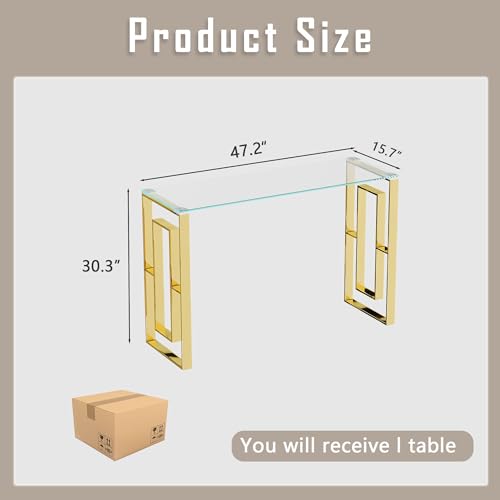 Glass Console Table, Modern 47.2'' Entryway Table, Glass Top with Stainless Steel Base, Metal Hallway Narrow Sofa Table Suitable for Entrance, Living Room(Gold) Sunitar