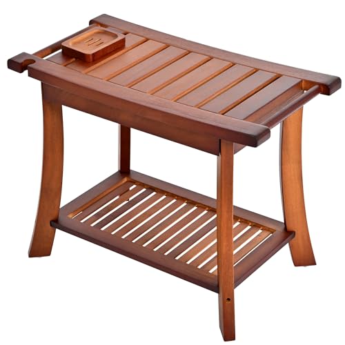 Jekruiet Teak Shower Chair Stool, 24 Inch Shower Bench Seat, Wooden Bathroom Bench with Storage Shelf for Adults, Elderly, Disabled Indoor & Outdoor Use Jekruiet