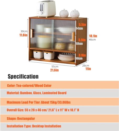 Bamboo Countertop Storage Cabinet with 2 Sliding Striped Glass Doors, Kitchen Cabinet Pantry Sideboard Freestanding Utility Cupboard for Spice Seasoning Bottles, Dish, Bowl (Wood Color) BuufuS