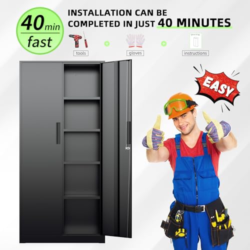 SUNCROWN 72" Metal Storage Cabinet - Heavy-Duty Metal Garage Cabinet with 4 Adjustable Shelves & 2 Doors for Tools, Office, Home, Workshop,Black-Small SUNCROWN