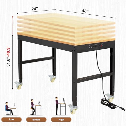 Antifir 48" Heavy Duty Workbench 1800 Lbs Capacity Solid Wood Working Bench Adjustable Height Rolling Work Tables with Power Outlets for Garage Shop Home Office Antifir