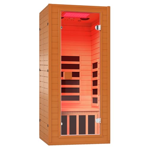 springspa Infrared Sauna for Home, 1 Person Home Sauna with Red Light Therapy, Canadian Hemlock Wooden Dry Saunas Room with Bluetooth Speakers, 1178 W/120V, 15 Minutes Pre-Warm up springspa