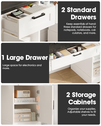HOPUBUY Farmhouse Executive Desk with File Drawers,Wood Home Office Desk w/Charging Station,Adjustable Storage Cabinets,White Computer Writing Desk for Work,Study HOPUBUY