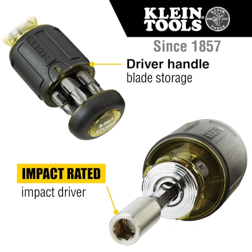 Klein Tools 32308 Multi-bit Stubby Screwdriver, Impact Rated 8-in-1 Adjustable Magnetic Tool with Phillips, Slotted, Square and Nut Driver Klein Tools