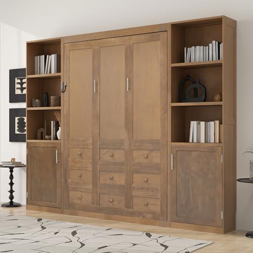 MERITLINE Queen Farmhouse Murphy Bed with Storage Bookcase Shelves and Cabinets, Solid Wood Foldable Hidden Vertical Murphy Wall Bed with Storage for Adults MERITLINE