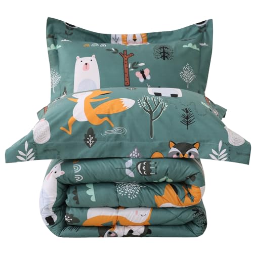JSD Green Forest Animals Kids Comforter Set Queen Size, 3 Piece Woodland Printed Microfiber Bedding Set, Machine Washable JSD