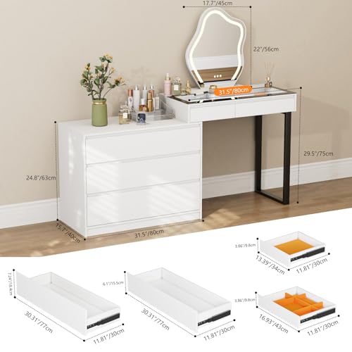 MIIFUNY Corner Makeup Vanity Desk with Mirror and Lights, 58" Modern L-Shaped Vanity Table with Glass Top, Large Dressing Table with 2 Drawers & 3 Tier Dresser for Bedroom, White MIIFUNY