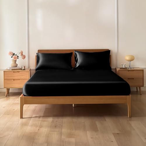 VACVELT 3-Piece Satin Fitted Sheet Set King Size, Black Bottom Bed Sheet with 2 Pillowcases, Similar to Silk Sheets, Luxury & Silky Bedding Set, 15 Inch Deep Pocket VACVELT